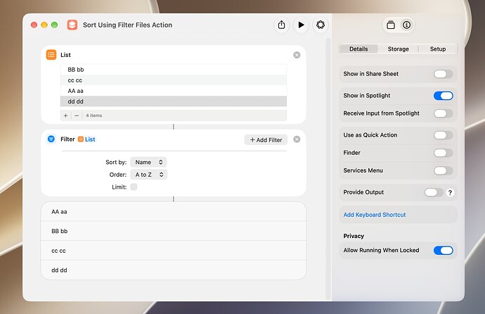 Sort Using Filter Files Action