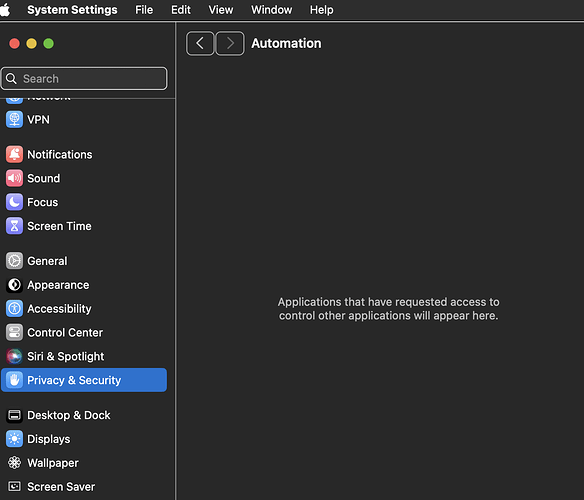 user settings automation blank cannot add apps