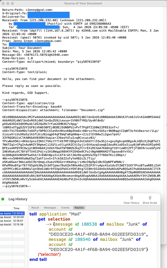 Some Mail Messages show up as 2 message - but only to Applescript ...